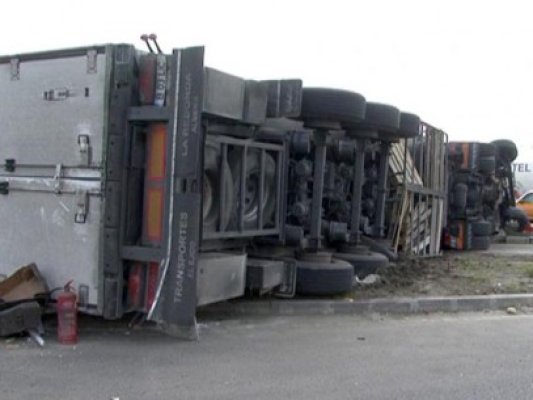 TIR plin cu oi, răsturnat într-o curbă periculoasă